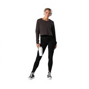 Top Corto de Manga Larga para Mujer, Cuello Redondo, Color Sólido, Secado Rápido, Tejido de Poliéster, Ropa Casual para Todas las Temporadas - Product Image 2