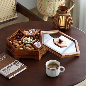 Caja redonda de madera maciza para frutos secos con compartimentos para el hogar, sala de estar, almacenamiento de dulces y aperitivos, caja de almacenamiento decorativa - Product Image 4