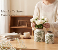 Set Vas Keramik Vintage Crackle Glaze (2 buah), Pola Bunga Botani Lukisan Tangan, Dekorasi Rumah Gaya Retro Farmhouse