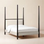 Luxury 4 Poster <b>Black</b> Wooden Queen <b>Bed</b> Frame with Ivory Upholstered Headboard Modern Canopy <b>Bed</b> for Bedroom Furniture Supplier - Product Image 2