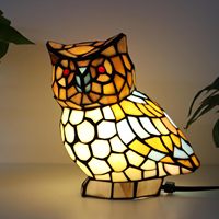 Lampe de table moderne en forme de hibou, dôme en verre teinté jaune et blanc, avec alimentation électrique