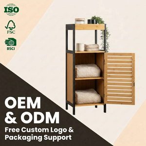 4-<strong>Tier</strong> Bamboo Bathroom Storage Cabinet French Style Tall Narrow Towel <strong>Rack</strong> with Door - Product Image 1