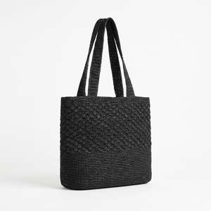 Sac fourre-tout en raphia noir crocheté, écologique, portable, à porter à l'épaule, ouvert, taille personnalisée pour usage quotidien - Product Image 6