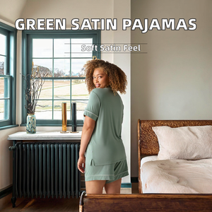 Damen Grünes Satin-Pyjama-Set XXL/XL Atmungsaktive Thermische Satin-Nachtwäsche für Erwachsene und Kinder mit Elastischem Bund und Einfarbiger Vorderseite für den Sommer - Product Image 3