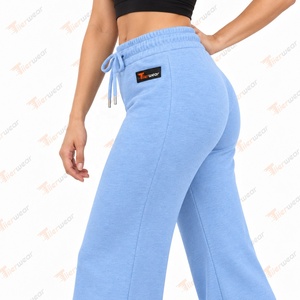 Pantalon évasé taille haute bleu clair pour femme, décontracté, en tricot, longueur intégrale, avec cordon de serrage, couleur unie, coupe ample, pour l'automne - Product Image 5