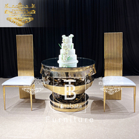 Table ronde à gâteau de mariage en acier inoxydable doré avec plateau en verre et miroir pour salle de réception