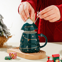 Mug isotherme en céramique avec couvercle motif arbre de Noël, bonhomme de pain d'épices, elfe et bonnet de Père Noël, pour filles, tasses créatives, Joyeux Noël