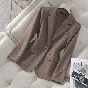 Women's Brown Blazer Oatmeal Color Solid Woolen Anti-Wrinkle Autumn Winter Casual Top Sy8917 - Product Image 1