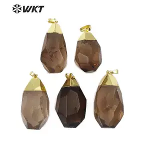 WT-P1458 Elegant Raw brown smokey quartz Pendant Gold Capped Crystal Pendant For Women Necklace Jewelry Natural quartz Pendant