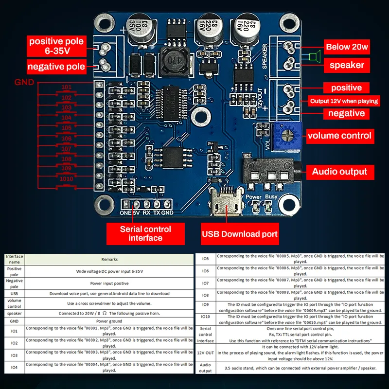 DTM3201 10W 사운드 재생 모듈 MP3 플레이어 모듈 UART I/O 트리거 앰프 보드 8M 저장 음성 재생 모듈 보드