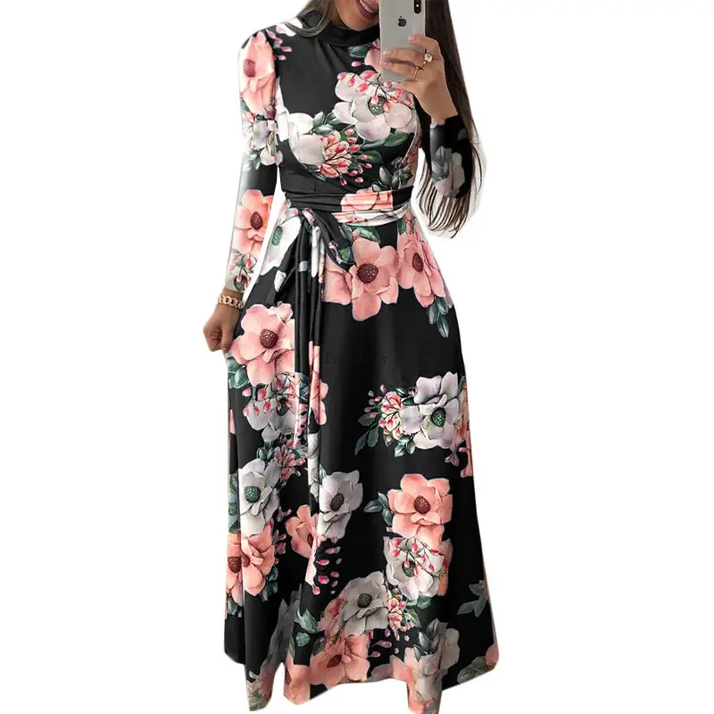 Best seller Casual Long Sleeve Boho Floral Print Maxi Dress Turtleneck Elegant Ladies Long Party Dress ecoparty