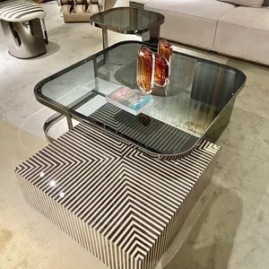 Italian Luxury Tea And Coffee Table Set High And Short Gray Glass Side Table For Living Room Furniture