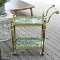 Chariot de service double couche en laiton haut de gamme de style européen, chariot de salle à manger domestique, étagère de rangement, table d'appoint mobile, table d'angle, décoration