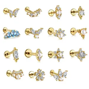 Bijoux fantaisie boucles d'oreilles minimaliste 18k plaque d'or 925 argent sterling corps piercing zircon perle dos plat boucle d'oreille goujon