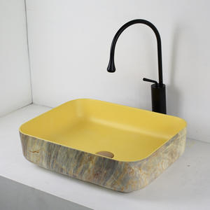 Керамическая раковина из желтого мрамора, длинная прямоугольная раковина для мытья рук без отверстий над столешницей, умывальники - Product Image 5