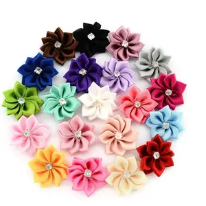 Mini flor de cetim colorido, mini flor de cetim com diamante flores artificiais diy acessórios de cabelo para meninas