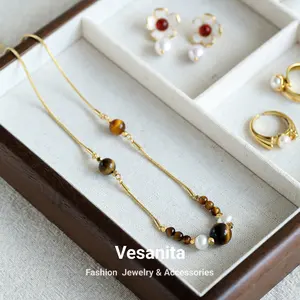 Vesanita新品独特设计女性复古风格淡水珍珠棕色天然石珠虎眼项链饰品