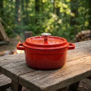 Casserole ronde émaillée vintage classique HOMEFELT Chef's, en <span class=keywords><strong>fonte</strong></span>, avec couvercle, écologique, modèle PT02, rouge cardinal - Product Image 1