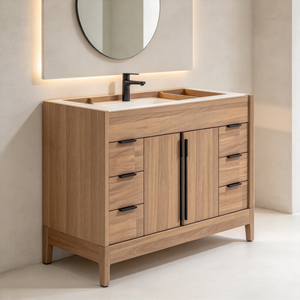 Mueble de Baño Nórdico de Madera Maciza con Lavabo, Cajones de Almacenamiento y Estante Abierto, Muebles al por Mayor para Hoteles - Product Image 4