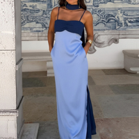 Robe longue femme prête à être expédiée, bicolore, à fines bretelles, col foulard, dos nu, coupe ajustée, élégante, pour soirée d'été