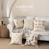 Housse de coussin de canapé en coton et lin brodé style nordique, motif géométrique, pompons, style français, taie d'oreiller carrée, décoration intérieure