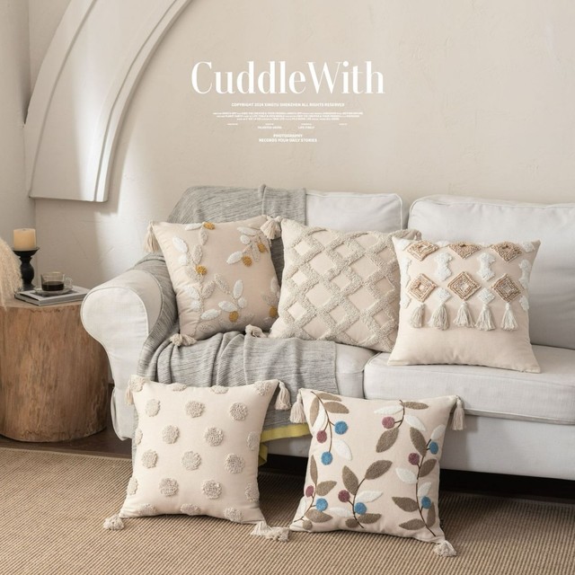Nordic Embroidered Cotton Linen Sofa Cushion Cover Geometric Pattern Tassel French Style Square Pillowcase Home Decor