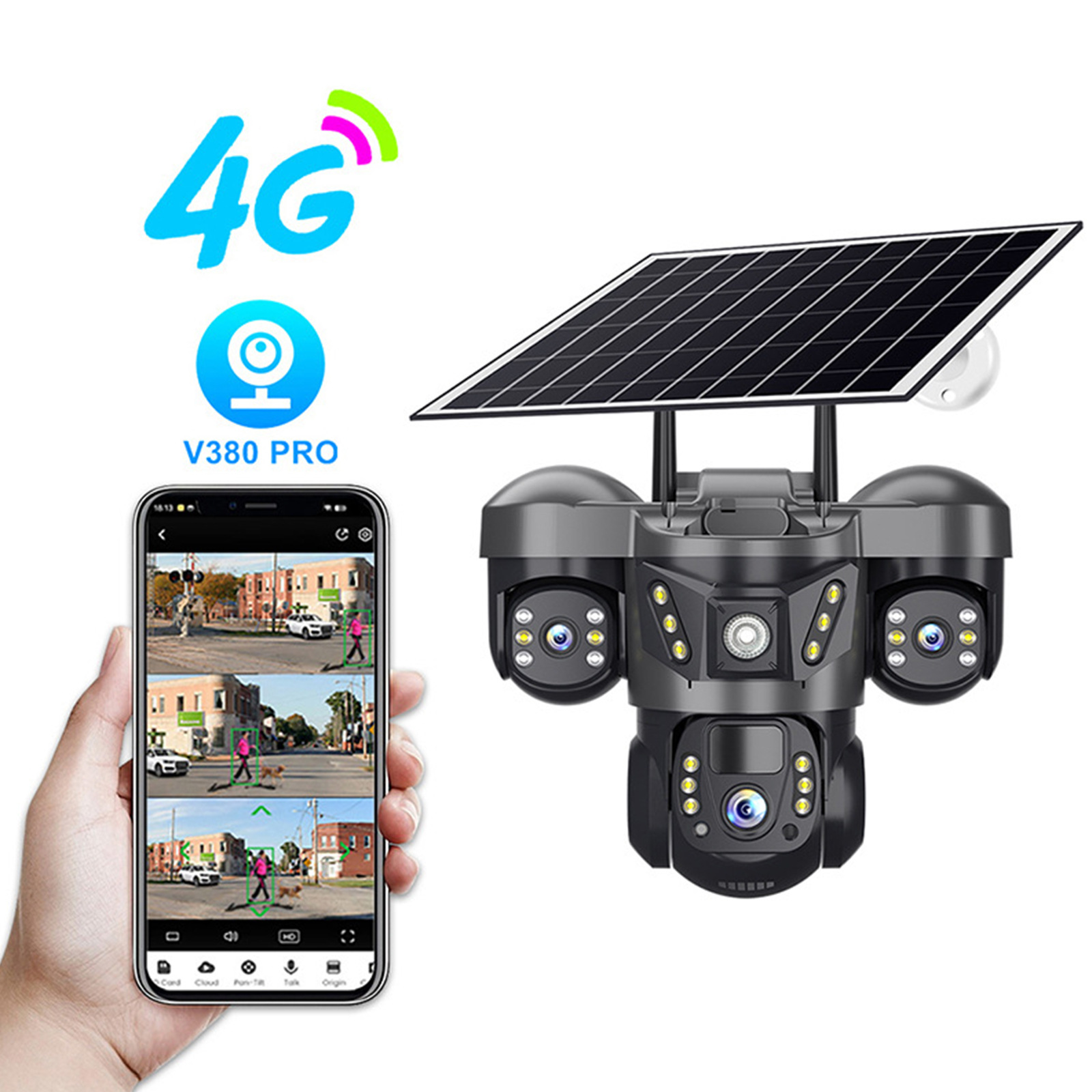 V380pro 3 экраны с тройным объективом на солнечной батарее 4G система безопасности Солнечная и Wi-Fi Сигнализация Движения сетевая камера видеонаблюдения