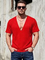 T-shirt Homme Personnalisé à Manches Courtes Col V Profond en Maille Gaufrée Couleur Unie, Coupe Ample Décontractée, Respirant, Anti-Plis et Anti-Humidité