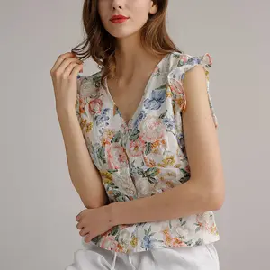 Women V neck print linen woven blouse with short sleeve Women's flounces sleeveless tops V neck tank tops