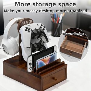 Wooden game <b>controller</b> storage rack with drawer, headphone <b>holder</b>, mobile phone organizer, multi-functional desktop shelf - Product Image 1