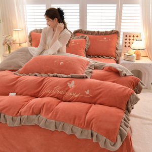 Mùa Đông Ấm Hai Mặt Sữa Nhung Duvet Cover Bộ Đồ Giường Đặt 300TC Dày Bốn Mảnh Flannel Tấm Ga Giường Cho Nhà - Product Image 1