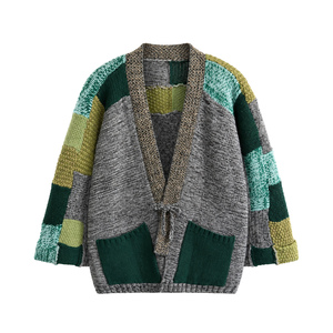 Cardigan en tricot patchwork 50 % laine et coton, style kimono ouvert sur le devant, coupe oversize, vente en gros, OEM - Product Image 1