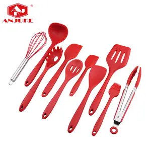 Anjuke 10 mảnh chịu nhiệt màu đỏ đồ dùng nhà bếp đồ dùng gia đình Silicone Nhà Bếp Nấu Ăn Công cụ đồ dùng thiết lập