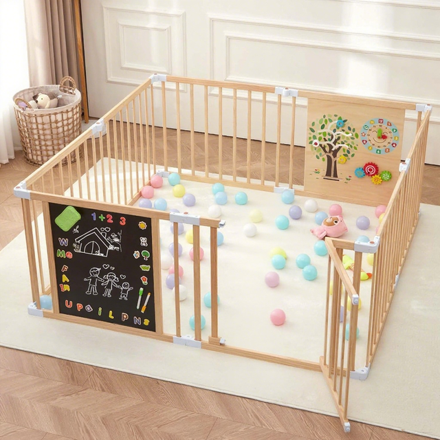 All-In-One Montessori Activity Toys Adjustable Wooden Playpen Dual-Sided Magnetic Chalkboard/Whiteboard Safe Expandable Playard