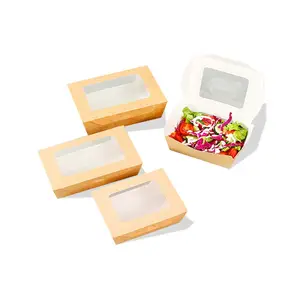 一次性食品包装牛皮纸水果沙拉外卖沙拉盒，带寿司和沙拉的透明窗口