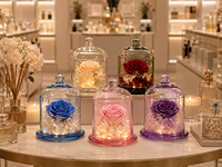 Rosa Ewige Rosen OEM Unvergängliche Blumen in Glaskuppel mit Warmem Licht für Geschenkeläden, Hochzeiten und Heimdekoration
