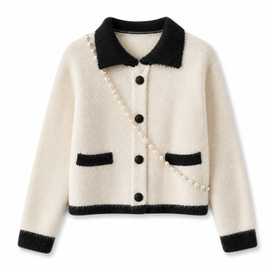 Cardigan in <span class=keywords><strong>Maglia</strong></span> Crema da <span class=keywords><strong>Donna</strong></span> con Bordi Neri, Collo e Polsini Decorati, Maniche Lunghe, Tasche e Catena di Perle, Stile Casual - Product Image 6