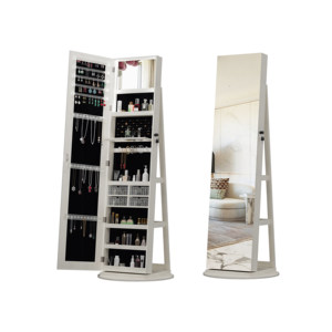 Miroir sur pied moderne en bois massif avec armoire de présentation de bijoux, design rotatif à 360 degrés verrouillable pour salon et chambre à coucher - Product Image 6