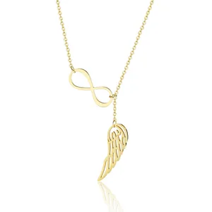 חדש זוג אופנה תכשיטי נירוסטה נוצת תליון 18K זהב מצופה מלאך אגף שרשרת