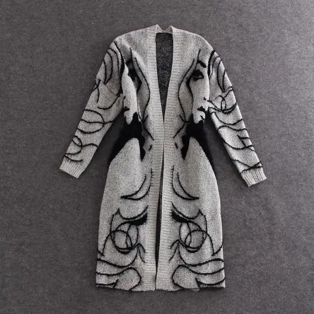Women Spring Summer Casual Loose Long Sweater Knitted Coat Fashion Cardigan With Abstract Pattern