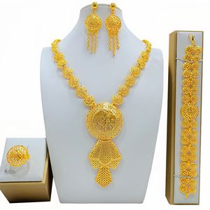 Conjunto de joyería chapada en oro de lujo para boda, regalo para novia, estilo Dubái, hecho a mano, exquisito conjunto de collar, aretes, pulsera y anillo de metal. - Product Image 5