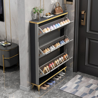 Meuble à chaussures avec 3 tiroirs rabattables, rangement autoportant pour entrée avec pieds dorés, meuble gain de place pour couloir