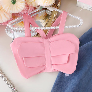 ชุดเสื้อผ้าเด็กผู้หญิงสำหรับฤดูร้อน ชุดลำลอง เสื้อกั๊กผูกโบว์สีพื้น กางเกงยีนส์ลายหัวใจ สำหรับเด็กวัยเตาะแตะ ชุดสองชิ้น - Product Image 3