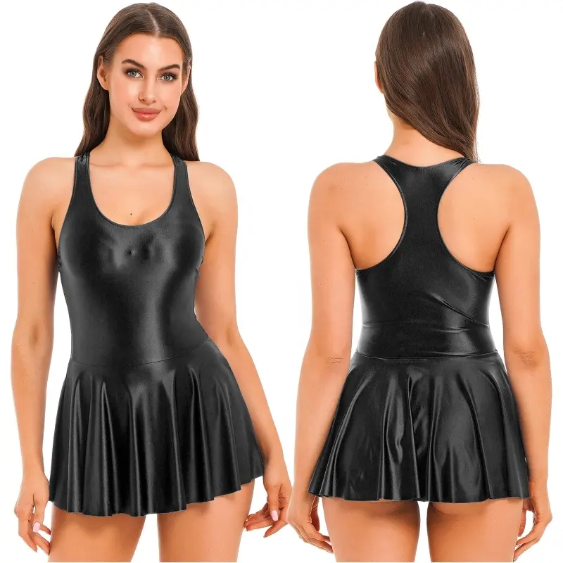 Womens Glossy Tank Dress Einteiliger Badeanzug Ärmellose Trikot kleider mit U-Ausschnitt für Sport Yoga Ballett Tanz Schwimmen