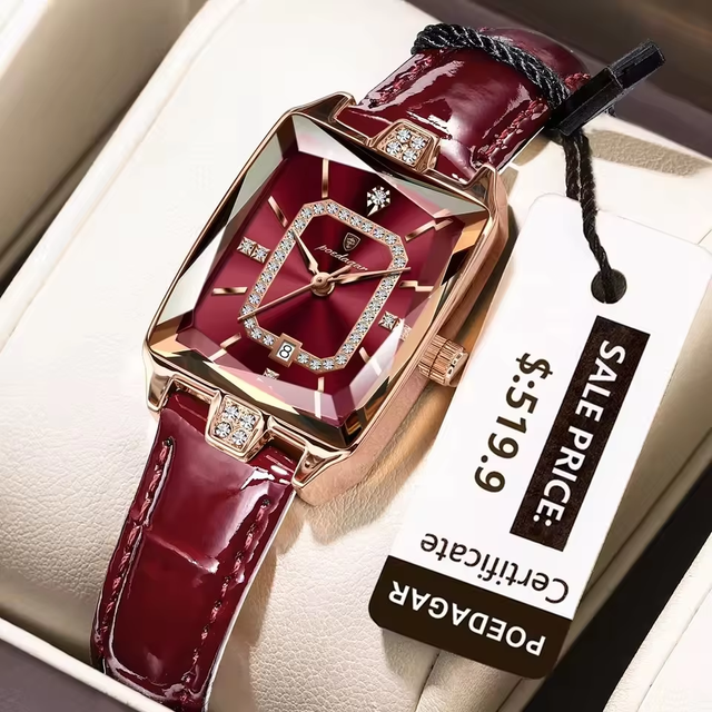 Poedagar 785 Square Shape Crystal Clock for Girl Luxury Leather Band Waterproof Quartz Women Watch for Ladies