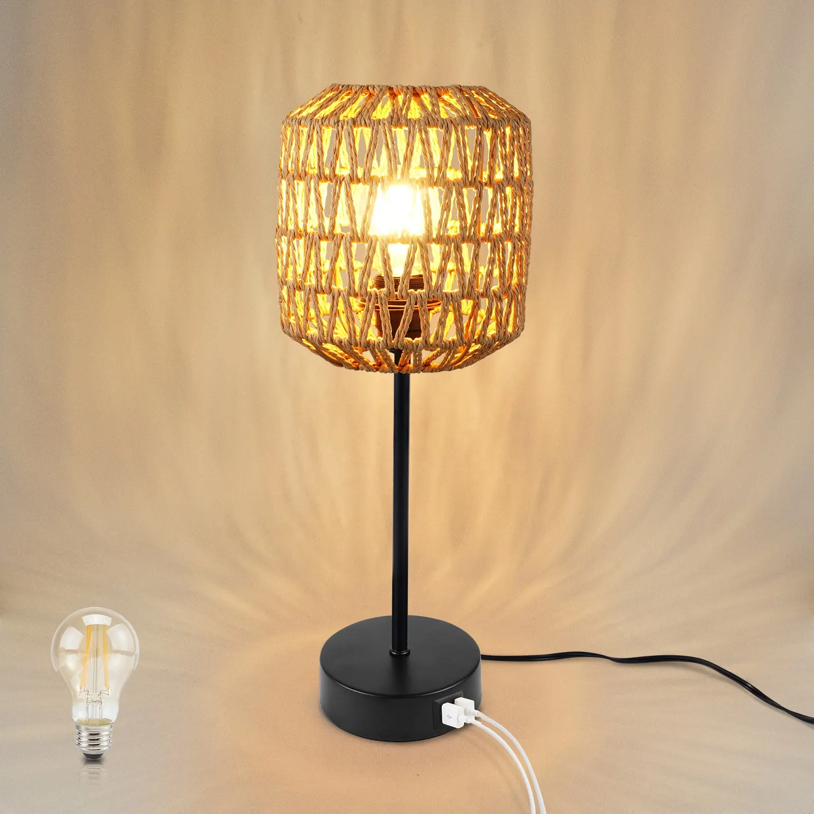 HYMELA N02, lámpara de mesa de ratán tejida a mano, luz de noche regulable táctil USB, lámpara de mesita de noche para interiores (bombilla incluida)