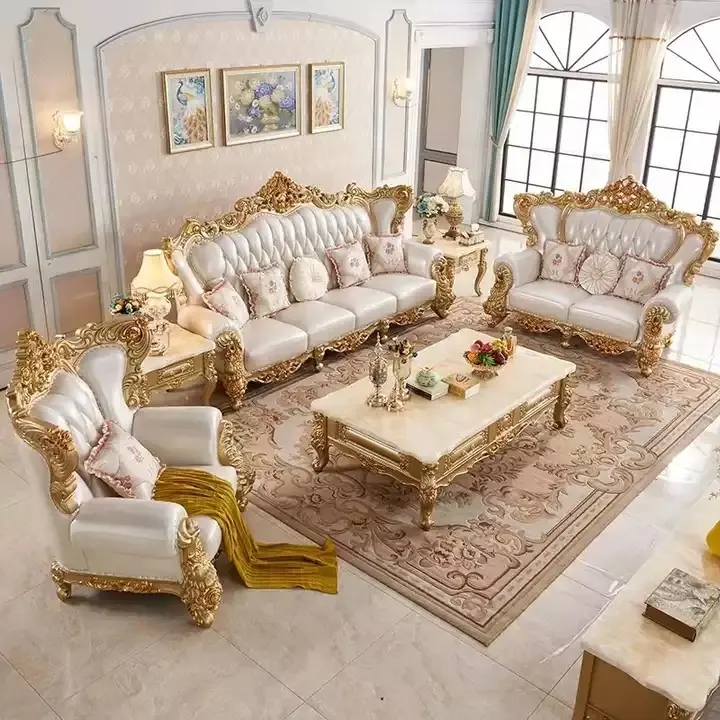 New Design Luxury European Style Living Room Genuine Leather Sofa Sets Classical Design Antique Furniture