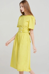 Abiti da carriera da ufficio Casual girocollo giallo plissettato manica corta con bottone indietro <span class=keywords><strong>in</strong></span> vita abiti estivi donna 2023 - Product Image 3