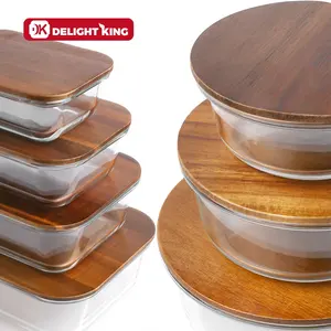 Wooden lid glass food containers for kitchen storage set glass storage box with wood lid