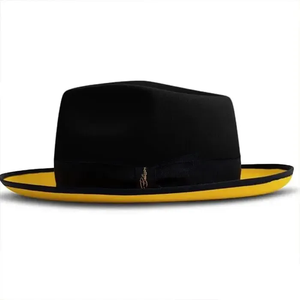 Unisex yellow Black Wool Felt Fedora <b>Hat</b> Wide Flat Brim Formal Dress <b>Hat</b> 56-58CM Adult Vintage Style - Product Image 1